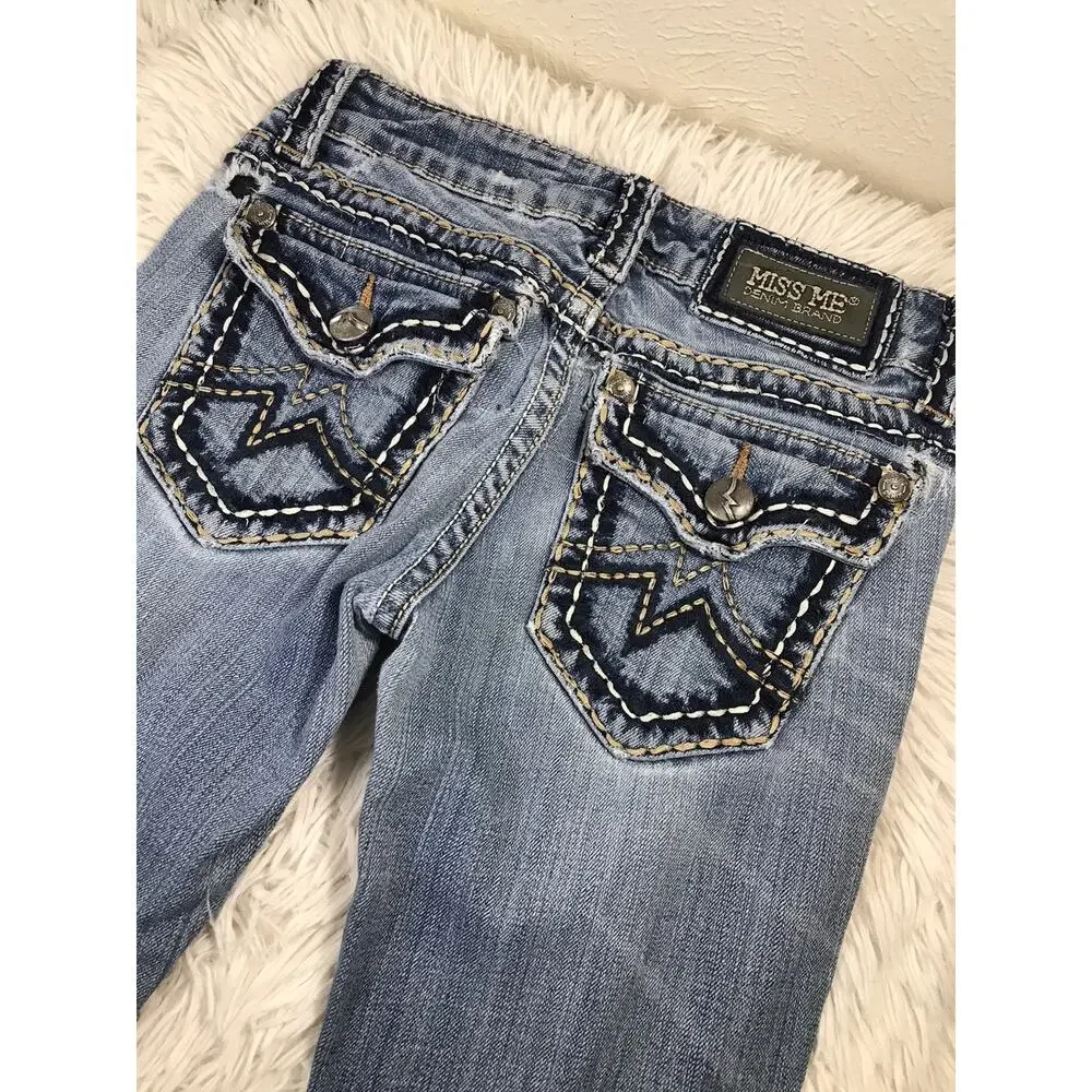 Miss Me Jeans Womens Blue Irene Boot Low Rise Stretch Denim Embroidered Sz 26x33